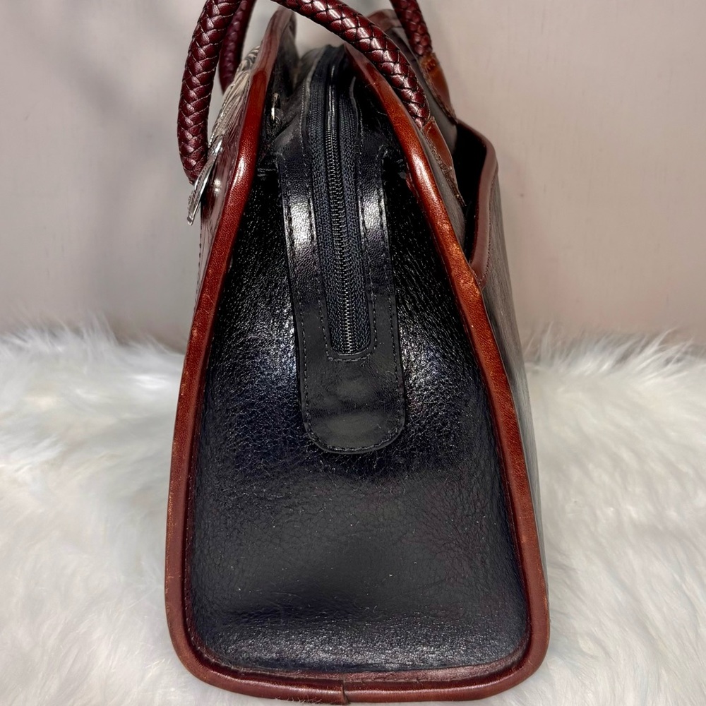 BRIGHTON Black & Brown Leather Satchel w/Silver Filigree - Picture 6 of 8